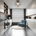 Modern Luxury Cloakroom With White Cabinets Washing Machine Dryer Blue Armchair Round Rug And Chandelier