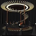 Circular Stage With Ring Lighting And Wooden Supports Near Decorative Tables And People