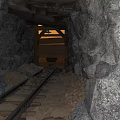 Mine Tunnel Interior With Rail Tracks Wooden Support And Rock Walls
