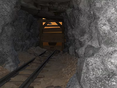 Mine Tunnel Interior With Rail Tracks Wooden Support And Rock Walls 3d model