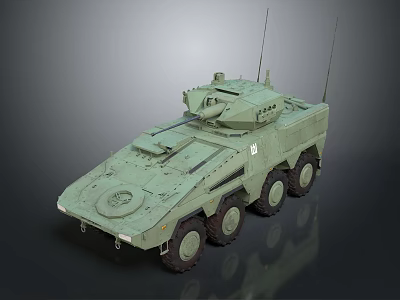 Military Green Armored Vehicle With Six Wheels Turret And Antennas Design 3d model