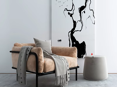 Beige Armchair With Gray Blanket Cushion And Black White Abstract Painting In Modern Minimalist Style 3d model