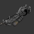 3D Rendered Sci-Fi Gun Featuring Silver Metallic Texture Complex Mechanical Structure And Yellow Triangle Symbol