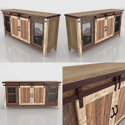 Rustic Wooden TV Stand With Glass Doors Metal Hinges And Storage Design 3d model