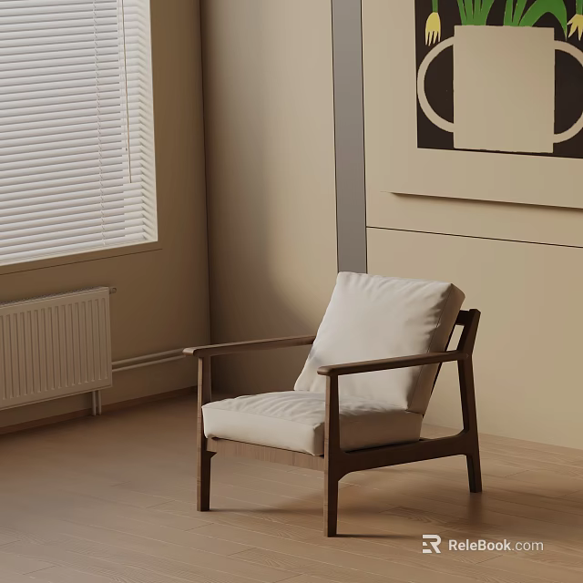 Modern Minimalist Leisure Chair with Wooden Frame and White Cushion Near Window Blinds on Wooden Floor 3d model 