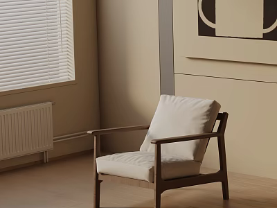 Modern Minimalist Leisure Chair with Wooden Frame and White Cushion Near Window Blinds on Wooden Floor 3d model