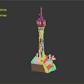 Colorful Decorative Tower Model With Purple Spire Red Body Green Vines And Grass Base
