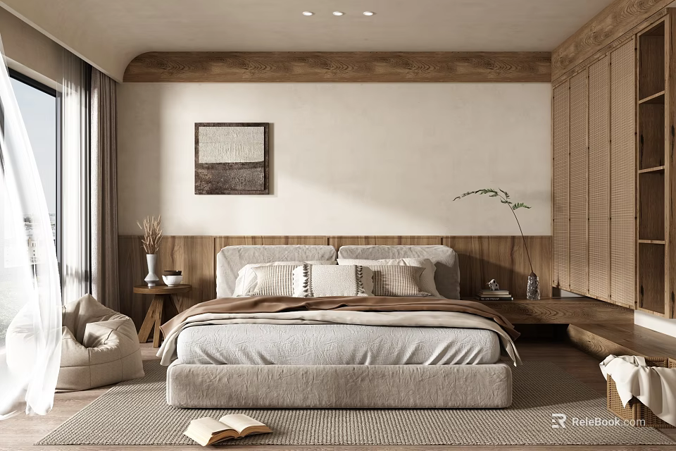 Minimalist Bedroom Interior With Wooden Accents Large Bed Wall Art And Soft Rug 3d model 