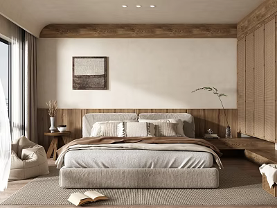 Minimalist Bedroom Interior With Wooden Accents Large Bed Wall Art And Soft Rug 3d model