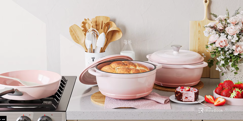 Pink Cookware Collection With Lidded Pots Wooden Utensils And Baking Pastry Bread 3d model 