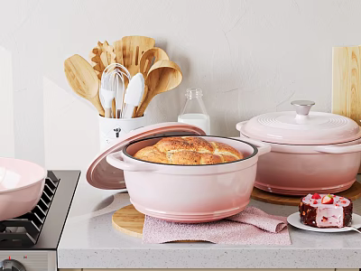 Pink Cookware Collection With Lidded Pots Wooden Utensils And Baking Pastry Bread 3d model