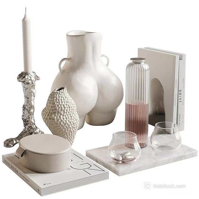 Decorative Ornament Set With White Vases Textured Decor Glass Holders And Marble Tray 3d model 