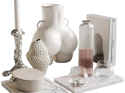 Decorative Ornament Set With White Vases Textured Decor Glass Holders And Marble Tray 3d model