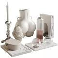 Decorative Ornament Set With White Vases Textured Decor Glass Holders And Marble Tray