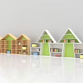 Colorful House Shaped Kids Bookcase With Green Wooden Shelves Containing Books And Toys