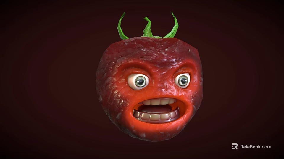 Funny Tomato Shaped Doll With Green Leaves Big Eyes And Open Mouth 3d model 