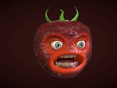 Funny Tomato Shaped Doll With Green Leaves Big Eyes And Open Mouth 3d model