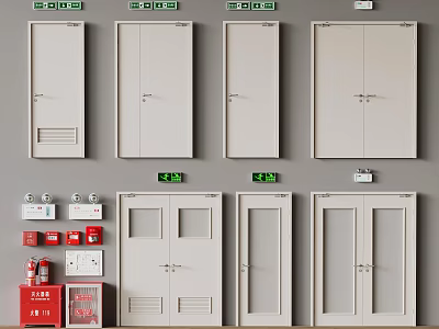 Essential Fire Safety Equipment With Wall Mounted Cabinets Extinguishers And Indicator Lights 3d model
