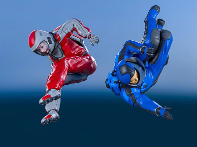 Two People In Red Blue Suits Skydiving Against Blue Sky 3d model