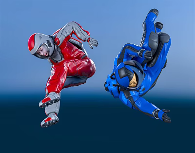 Two People In Red Blue Suits Skydiving Against Blue Sky 3d model