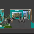 Green And Gold Exhibition Booth Design With Tables Chairs Plants And Picture Wall