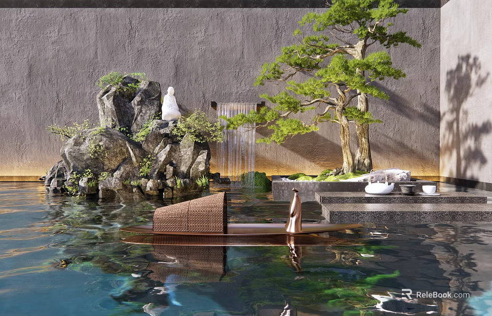 Garden Ornament Design With Water Pool Rockery Pine Tree And Buddha Statue 3d model 