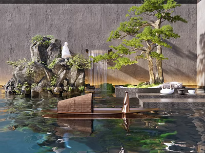 Garden Ornament Design With Water Pool Rockery Pine Tree And Buddha Statue 3d model