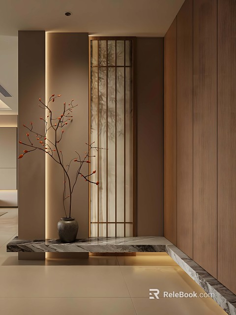 Elegant Modern Foyer Hallway Interior Design With Wooden Walls Marble Floor Decorative Vase And Branch 3d model 