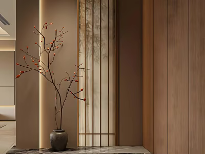 Elegant Modern Foyer Hallway Interior Design With Wooden Walls Marble Floor Decorative Vase And Branch 3d model