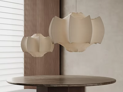Cream Fabric Flower Shaped Pendant Lights Hanging Above Round Dining Table With Wooden Wall And Blinds 3d model
