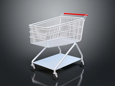 Sturdy White Metal Shopping Cart With Red Handle And Bottom Storage Shelf 3d model