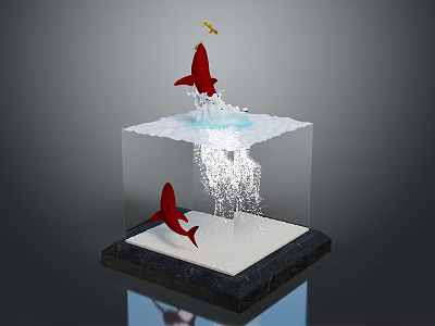 Transparent Cube Container With Red Fish Jumping Water Splashes And White Sand 3d model
