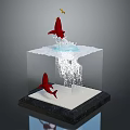Transparent Cube Container With Red Fish Jumping Water Splashes And White Sand