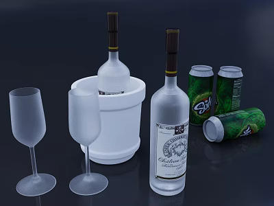 Elegant Wine Bottles And Glasses With Ice Bucket Green Soda Cans On Dark Background 3d model