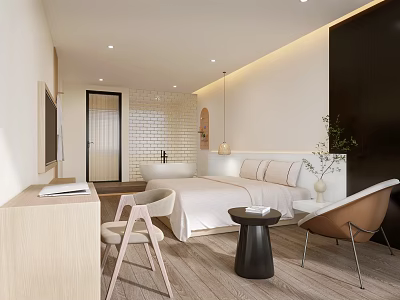 Hotel Room Interior With Comfortable Bed Modern Chair Wooden Desk Soft Lighting And Minimalist Design 3d model