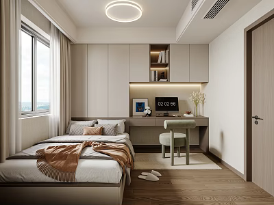 Modern Minimalist Tatami Bedroom Interior Design With Tatami Bed Wardrobe Cabinets Desk And Window View 3d model
