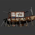 Old Red and White Rusty Model Boat with Ladder on Wooden Supports