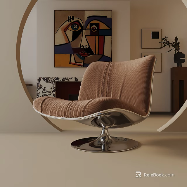 Brown Striped Accent Chair With Silver Metal Base In Modern Room With Abstract Painting 3d model 
