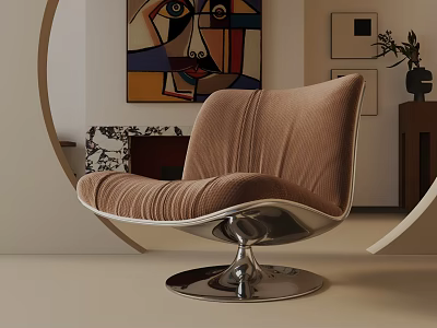 Brown Striped Accent Chair With Silver Metal Base In Modern Room With Abstract Painting 3d model