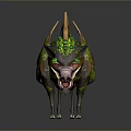 Mystical Boar Creature with Green Foliage Brown Spikes Red Eyes Open Mouth Sharp Teeth