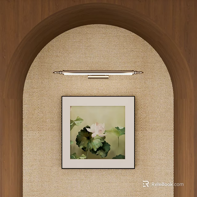 Lotus Botanical Painting In Square Frame On Woven Texture Arched Wall With Wall Light 3d model 
