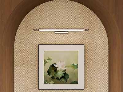 Lotus Botanical Painting In Square Frame On Woven Texture Arched Wall With Wall Light 3d model