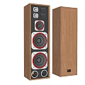 Modern Wooden Tower Speaker With Multiple Red Rimmed Drivers And Sleek Design