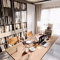 Modern Living Room Interior Design with Bookshelves Chairs Table and Natural Light