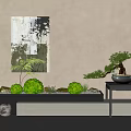 Bonsai Plant With Green Spherical Plants Black Table Beige Wall Painting Gray Floor Round Lamp