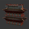 Traditional Chinese Multi story Tower Architecture With Red Roof Grey Brick Walls And Decorative Eaves