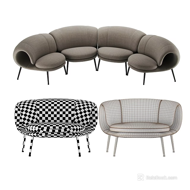 Stylish Modern Sofa Set With Gray Curved Design Checkerboard Pattern Grid Style And Metal Legs 3d model 
