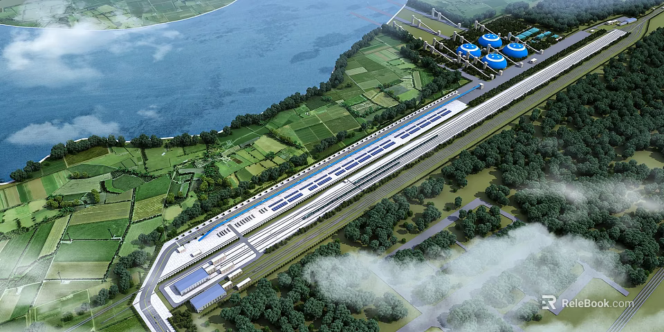 Aerial View Planning of Riverfront Green Fields with Train Station and Blue Storage Tanks 3d model 