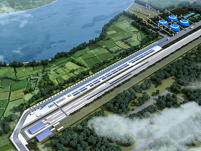 Aerial View Planning of Riverfront Green Fields with Train Station and Blue Storage Tanks 3d model