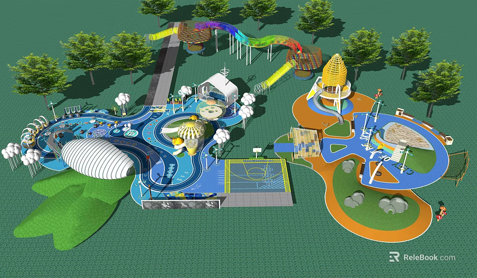 Outdoor Kids Playground With Colorful Slides Mushroom Structures And Green Lawn 3d model 